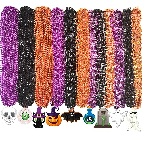 Becfupo 100Pcs Halloween Bead Necklaces Bulk In Multiple-Shapes, Purple Orange Black Beads Necklaces With Pumpkin Ghost Pendants For Halloween Party Favors, Halloween Party Decoration