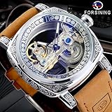 FORSINING Men's Luxury Square Carving Mechanical Watch, Retro Totem Double Sided Hollow Skeleton Self-Wind Automatic Watches, Vintage Leather Strap Wristwatch, Silver