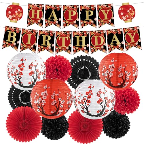 14Pcs Hibachi Party Decorations, Japanese Lanterns with Cherry Blossom Patterns Tissue Paper Pom Poms Round Paper Fans Happy Birthday Banner Set for Hibachi Japanese Party Decorations