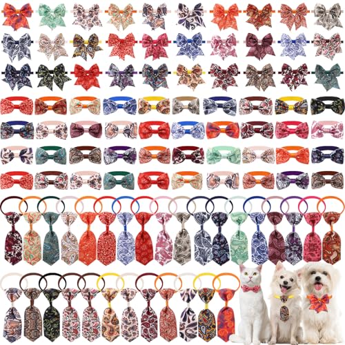 Reginary 100 Pieces Dog Bow Tie Collar Set Include 40 Dog Neckties, and 30 Puppy Bowties, 30 Collar Flowers, Adjustable Pet Ties Grooming for Small Medium Cats Pets Supply (Paisley)