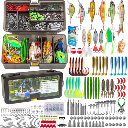 THKFISH Fishing Lures Kit, Bass Fishing Gear Kit for Freshwater Saltwater Tackle Box with Tackle Included Topwater Baits, Spinner Bait, Frog, Hooks/Weights Accessories Gift for Adults