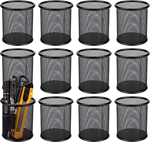 Nicunom 12 Pack Metal Pen Holder Wire Mesh Pen Cup Pencil Holder Pencil Cup for Desk Office Pen Organizer, Black