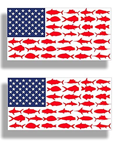 2 pcs American Flag Fish Sticker – 5 Inch Vinyl Fishing Decals for Boat, Kayak, Car Bumper, Hard Hat, Toolbox | Waterproof Patriotic Fishing Stickers for Boats & Outdoors