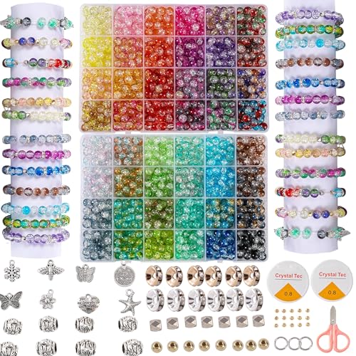 XJRLUK Glass Beads Bracelet Making Kit,1350PCS 48 Colors 8mm Crackle Glass Beads for Jewelry Making, Crystal Glass Round Beads Friendship Bracelet kit for DIY Crafts Gifts