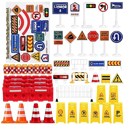 69Pcs Play Traffic Signs Street Road Signs Playset Mini Roadblocks Toyset for Safety Education Plaything