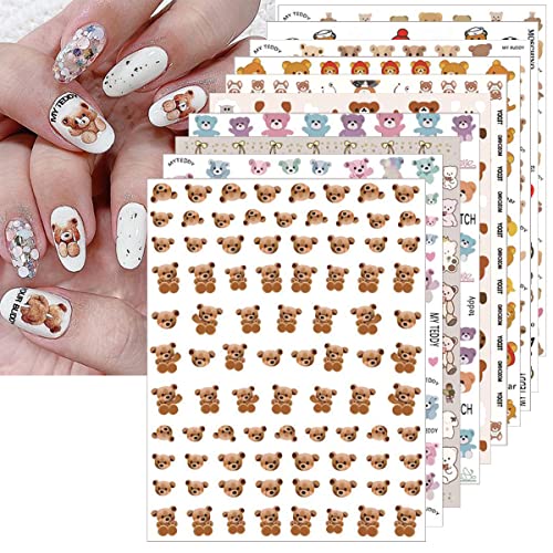 10 Sheets Cute Bear Nail Stickers Decal Cute Cartoon Nail Art Supplies 3D Self Adhesive Fashion Trend Little Bear Designer Nail Sticker Manicure DIY Nail Art Decorations Accessories for Women Girls