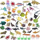 Ocean Sea Animals Figures, 60 Pack Mini Plastic Deep Underwater Life Creatures Set, STEM Educational Shower Bath Toys Gift for Baby Toddler Cupcake Toppers Party Supplies with Turtle Octopus Shark