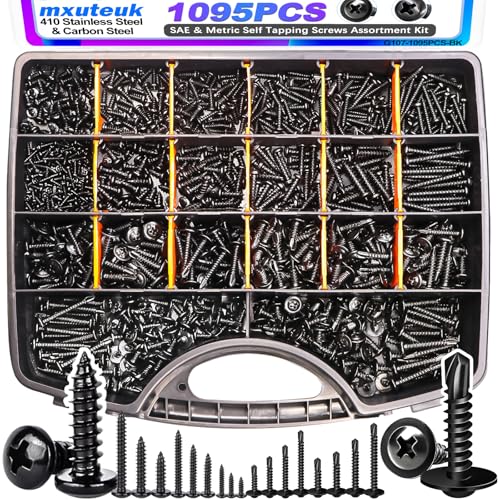 mxuteuk 1095PCS Self Tapping Screws Assortment Kits, #8#10 410 Stainless Steel Truss Head Self Drilling Screws and M2 M3 M4 Carbon Steel Phillips Pan Head Self Tapping Screws for Plastic,Wood