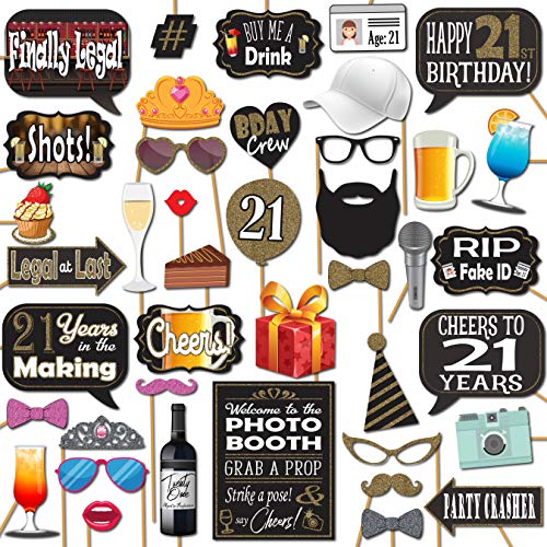 21st Birthday Photo Booth Props - 41-pc Photo Booth Kit with 8 x 10-Inch Sign, 60 Adhesive Pads, 45 Sticks - Photo Booth 21st Birthday Props - 21st Photo Booth Props