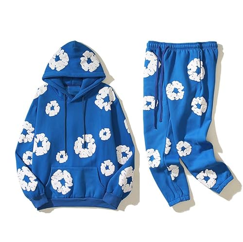 Y2K Hip Hop Men's Hoodie Set Foam Printed Casual Retro Harajuku Set (Blue,Medium)