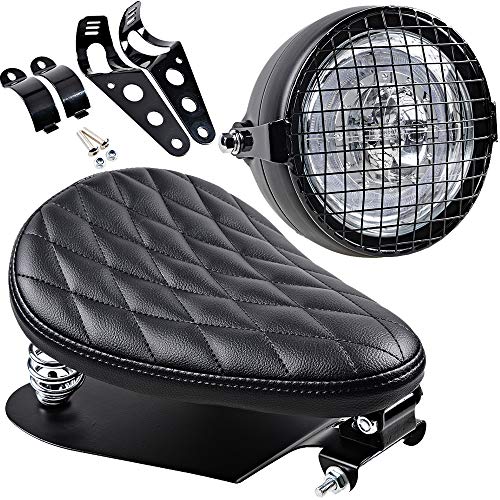 12" Retro Diamond Solo Seat + 6.5" Clear Lens Headlight w/Grill Mounting Bracket Kit Compatible with Harley Bobber Chopper Custom