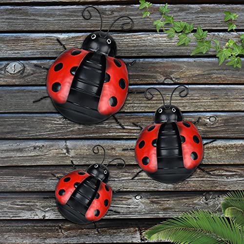 WENYLE Metal Garden Wall Art Decorative 5.7" Large Set of 3 Cute Ladybugs Colorful Outdoor Wall Sculptures