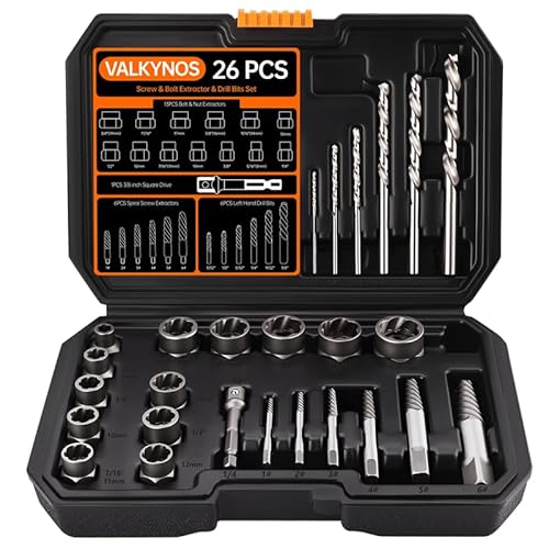 Valkynos 26 Pcs Bolt Extractor Kit and Left Hand Drill Bit Reverse Drill Bit Extractor Set, Easy Out Screw Remover Set Tool for Damaged, Rusted, Broken, Stripped Bolts Screw Nuts, with Hex Adapter