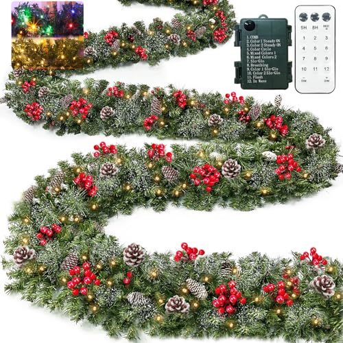 Remote Control&Super Long&12 Modes-18Ft Prelit Snowy Bristle Pine Christmas Garland for Stairs Door Porch Mantle Outdoor Indoor,100 Warm White&Color Switch Lights,Timer,580 Branches 198 Berry Pinecone