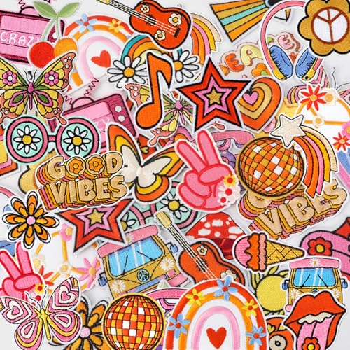 AUGSUN 60pcs Hippie Embroidered Patches Random Assorted Styles Hippie Theme Iron on Patches for Girls, Wonmen DIY Sew Applique Repair Patch Cute Sew on Patches for Backpacks Pants Clothes Jeans