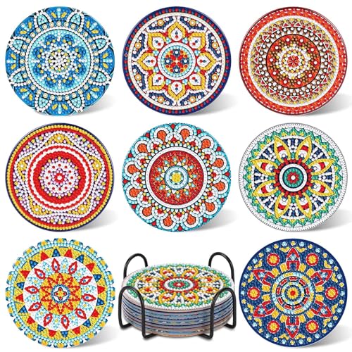 UPINS 8Pcs Mandala Diamond Painting Coasters for Drinks Boho Coaster DIY Art Kits Adults Kids Beginners Craft Supplies (Mandala), 3.93Inch*3.93Inch (340-4681)