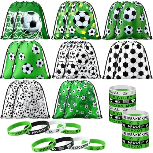 Sadnyy 32 Pcs Soccer Party Favors Set Include 16 Drawstring Goodie Bags 16 Silicone Wristband Snack Treat Bags for Birthday Party Supplies