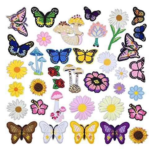 Flower Butterfly Mushroom Embroidered Patches Iron on Sew on Appliques for Clothing Jackets Jeans Backpacks Hats 37pcs Clothes DIY Accessories