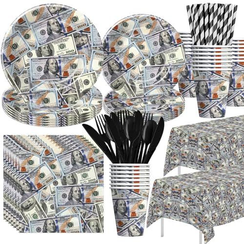 Xenorik Money Party Decorations Tableware - Hundred Dollar Bill Birthday Party Supplies, Money Paper Plate, Cup, Napkin, Tablecloth, Cutlery, One Hundred Dollar Birthday Party Decorations | Serve 24