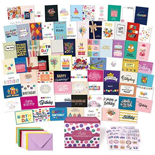 80 Unique Birthday Cards- Happy Cards Bulk With Greetings Inside – Assorted Envelopes and Stickers -Large 5 x 7 inches- Greeting Box Set