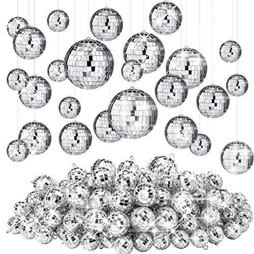 Funtery 100 Pcs Mirror Disco Balls Bulk Assorted Silver Hanging Disco Ball Decor for Home Wedding Birthday Dance Music 70 S Theme Party Christmas Tree Ornaments(1.2'', 2'', 3.2'', 4'')