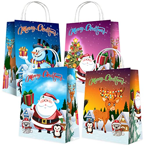 ArtCreativity Christmas Gift Bags with Handles, 4 Designs, Set of 12, Xmas Gift Bags, Medium Size 8.75" x 6" Paper Bags with Sturdy Handles, Assorted Christmas Prints for Party Favors, Sweets, Candy