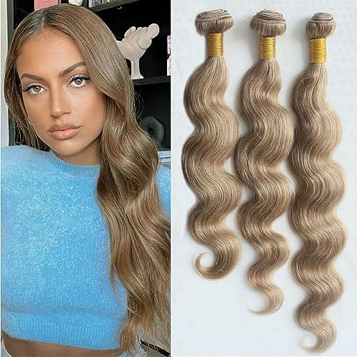 Aprilhair 8A Machine Double Weft Honey Blonde Light Brown #8 Body Wave Raw Brazilian Virgin Human Hair Extensions 3 Bundles 12'' 14'' 16'', 13.4041 Ounce