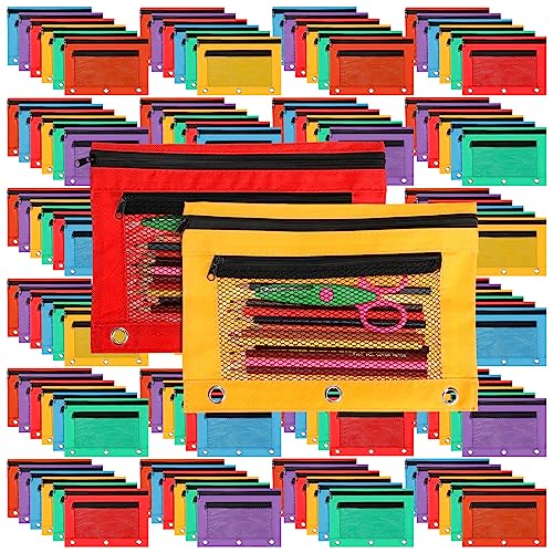 Zhehao 200 Pcs Pencil Pouches for 3 Ring Binder, Bulk Zipper Pencil Pouch Pen Case with Mesh Window Cloth Double Pocket 3 Hole Bag for Storing School Office Supplies