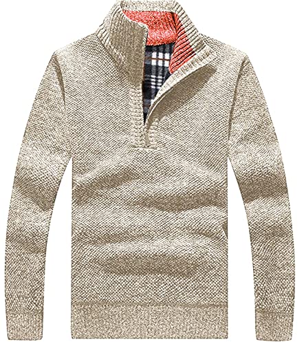 Les umes Mens Half Zip Jumper Plaid Fleece Lined Turtleneck Knit Sweater Long Sleeve Warm Stand Collar Pullover Khaki XL