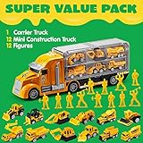 JOYIN 25 in 1 Construction Truck Vehicle Toy Set, Play Vehicles Set with Sounds and Lights in Carrier Truck, Push and Go Vehicle Car Toy, Kids Birthday Gifts for Over 3 Years Old Boys