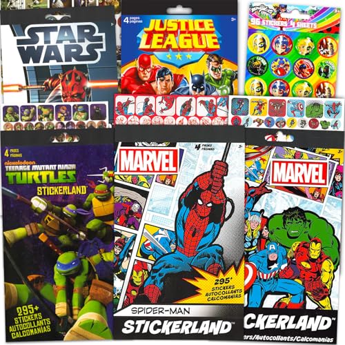 Bulk Superhero Stickers for Kids Set - Bundle with 1500+ Licensed Super Hero Stickers on 24 Sheets Featuring Marvel Avengers, Spiderman, TMNT, Justice League, Star Wars, More | Superhero Party Favors