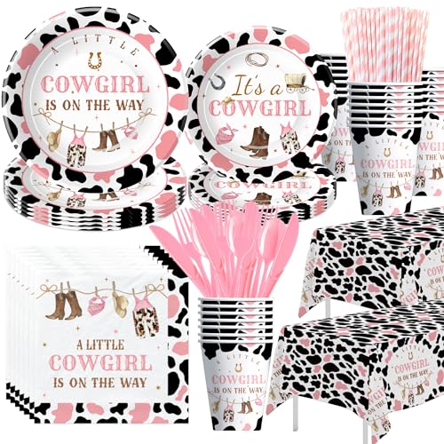 Xigejob Western Cowgirl Baby Shower Decorations Party Tableware - Little Cowgirl Baby Girl Table Decorations, Plate, Cup, Napkin, Cutlery, Tablecloth, Wild West Rodeo Baby Shower Supplies | Serve 24