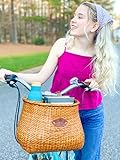 Tote & Kari Bike Basket for Women Beach Cruiser or Scooter, The Original Wicker Bicycle Baskets with Built-in Cup Holder for Front Handlebar-Classic Handmade Vintage Style Natural Rattan Wicker