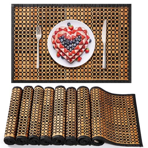 Hushee 8 Pcs Bamboo Placemats Bamboo Dining Table Mats Washable Heat Resistant Place Mats for Dining Room and Kitchen Table, 18 x 12 inch(Elegant Style)