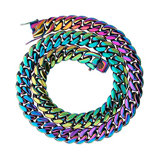 TOPGRILLZ 10,14mm Polished Stainless Steel Solid Rainbow Colorful Cuban Link Chain Necklace for Men Women Hip Hop Jewelry (22inch, Rainbow-14MM)