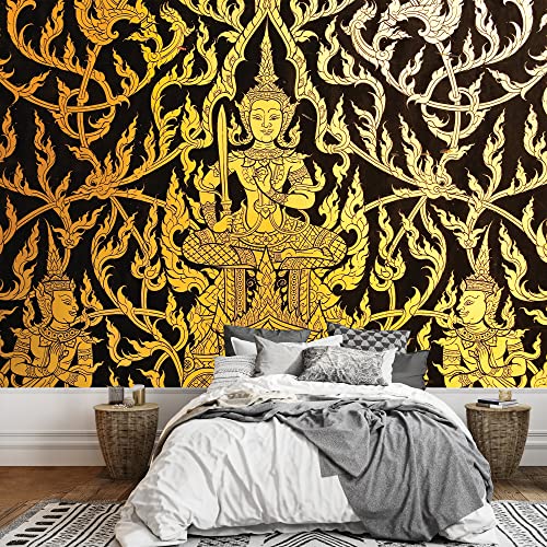 wall26 - Black and Gold Thai Temple Fresco - Peacock in Tree with Blooming Flowers - Wall Mural, Removable Sticker, Home Decor - 66"x96"
