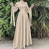 OBEEII Muslim Dress for Women Loose Full Cover Long Abaya Satin Dress with Hijab Kaftan Abayas Islamic Robe Beige Medium