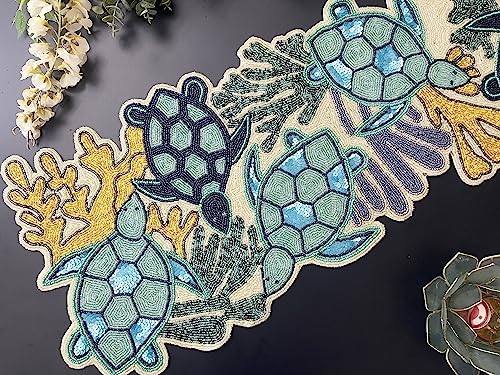 Enliven Handmade Bead Table Runner, Coastal, Ocean, sea Turtle and Coral Designs, Aqua and Multicolour, 13x36inch