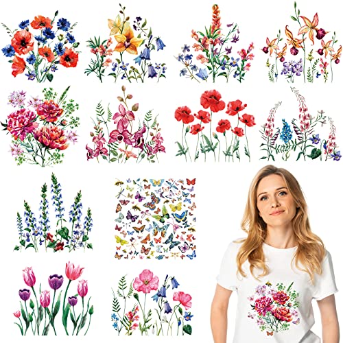 Fainne 12 Sheets Flower Iron on Decals Watercolor Transfers for Clothing, Flower Heat Transfer Stickers, Appliques for T-Shirts Jackets DIY Art Decor