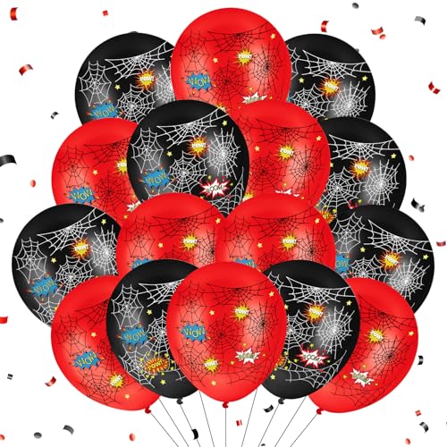 40Pcs Hero Balloons Hero Birthday Decorations Black and Red Spider Web Theme Decoration 12 Inches Boom Wow Latex Balloons for Boys Birthday Baby Shower Party Supplies
