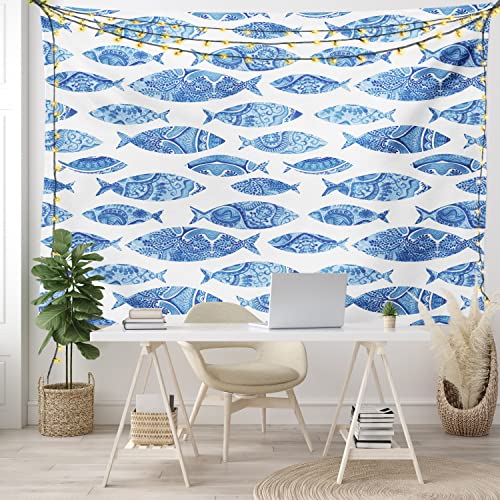 Ambesonne Blue Tapestry, Fish Sea Animal with Ottoman Ornate Mosaic Hand Drawn Style Marine Artwork, Wide Wall Hanging for Bedroom Living Room Dorm, 80" X 60", Blue White