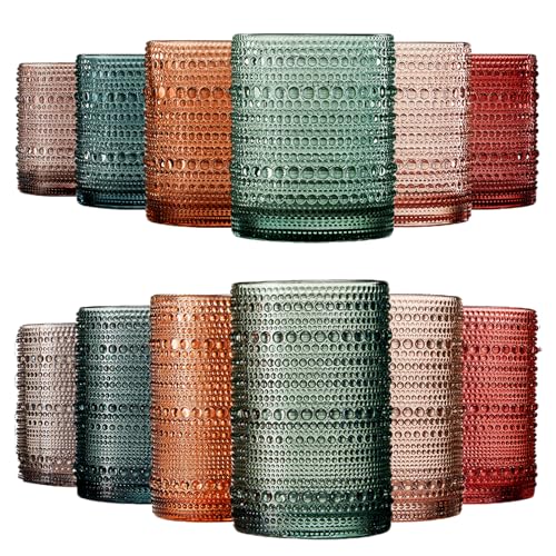 Khen Hobnail Beaded Highball Drinking Tumbler Glasses | Set of 12 | Color, Vintage Bubble Design Whiskey Glassware, Old-Fashioned, Embossed Design for Water, Wine, Cocktail Embossed, Rocks Glass