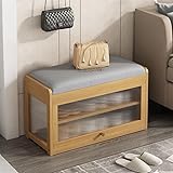 STARHMLUX Bamboo Shoe Bench，The Entrance Shoe Bench with Changhong Glass and Soft Cushions is a Stylish Shoe Bench Suitable for The Entrance and Bedroom Original Wood Color 19.7in*12.2in*17.7in