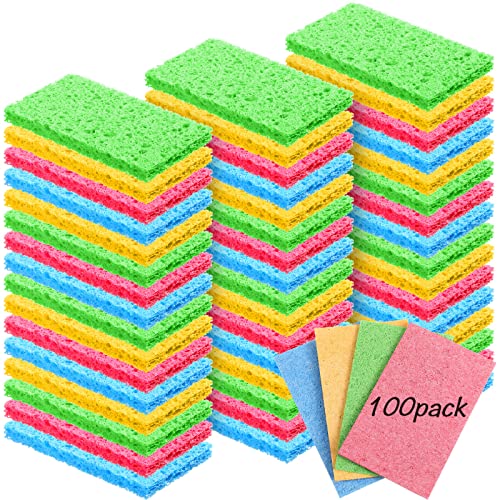Zhengmy 100 Pieces Kitchen Sponge Bulk Natural Sponges for Dishes Compressed Wood Pulp Sponges Cleaning Sponge Without Scratching for Kitchen Bathroom, 3.9 x 2.4 x 0.12 Inch (Multicolor)