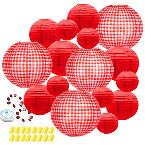 Hanging Paper Lanterns Decorative, Red Chinese Paper Lanterns Ceiling Party Decorations with 16 LED Lights for Outdoor BBQ Garden Party Decorations Graduation Birthday Anniversary, Pack of 16