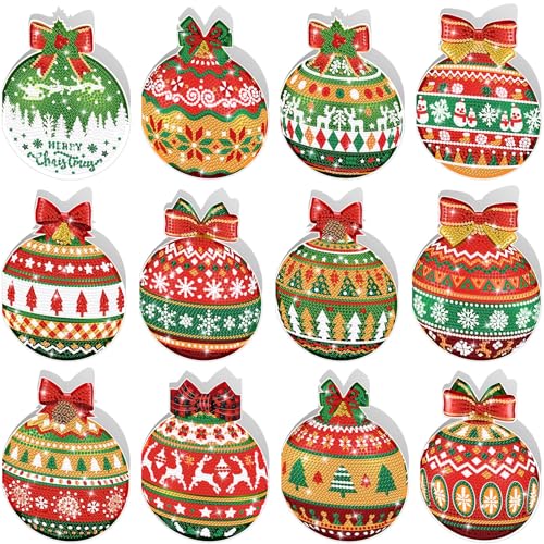 Cinnvoice 12 Pcs Christmas Diamond Painting Cards 5d DIY Christmas Balls Diamond Art Cards Xmas Card Kits for Adults Diamond Painting Greeting Cards for Xmas Gifts Family Friends Holiday Craft
