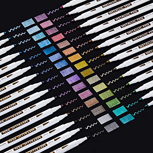 Shuttle Art Metallic Marker Pens, 30 Colors Metallic Paint Markers with 1 Coloring Book Fine Point for DIY Card, Calligraphy, Art and Crafting Projects, Works Great on Black Paper, Scrapbooks, Rock