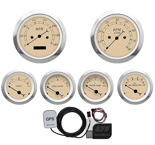 MOTOR METER RACING Classic 6 Gauge Set with GPS Electrical Speedometer Digital Odometer Beige Dial Black Needle Light Bulb Illumination 85mm 3-3/8" & 52mm 2-1/16"