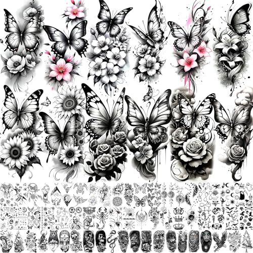 72 Sheets Rose Flower With Butterfly Temporary Tattoos For Women Girls, Sexy Floral Blossom Waterproof Half Arm Sleeve Tattoos For Adults, Long Lasting Fake Tattoo Sticker Peony Sunflower Butterflies