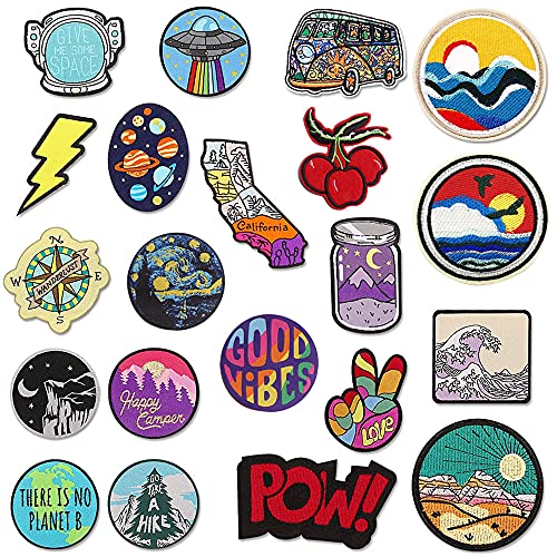 Woohome 20PCS Applique Stickers Colorful Patches Universe Space Plants Iron on Patches Embroidered for Jackets Backpacks Kid’s Clothes
